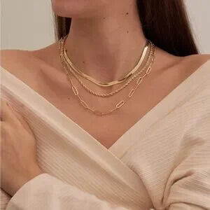 14K Gold Plated 3pc Paperclip Herringbone Necklace Set